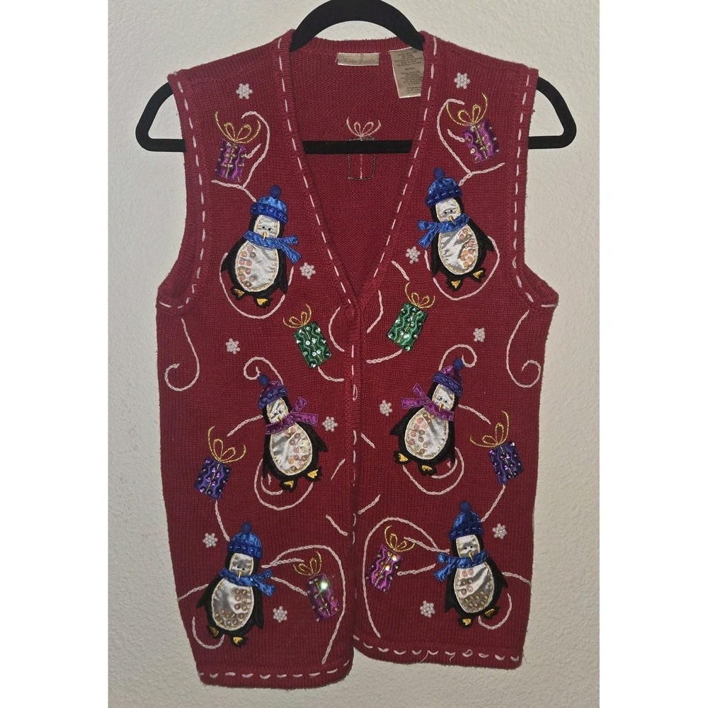 Bobbie Brooks Christmas Sweater Womens Medium M Button Up Penguin Red Winter